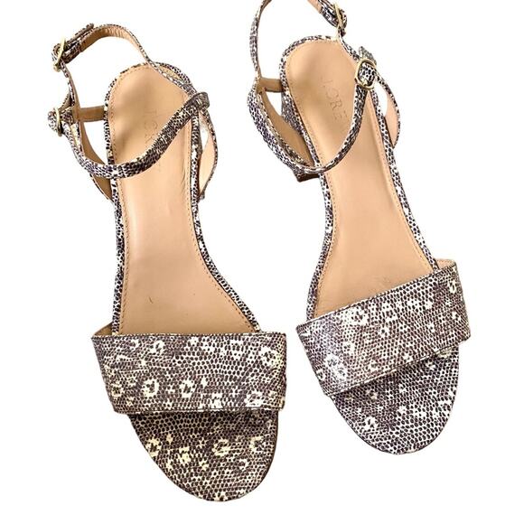 J. Crew Lizard Snake Print Leather Block Heel Strappy Sandal size 8.5 Gray Cream - Picture 3 of 11